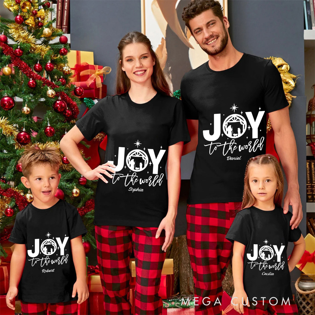 Personalized Joy to the World Christmas Family Matching Crew Neck T-Shirts with Name Religious Gift for Family