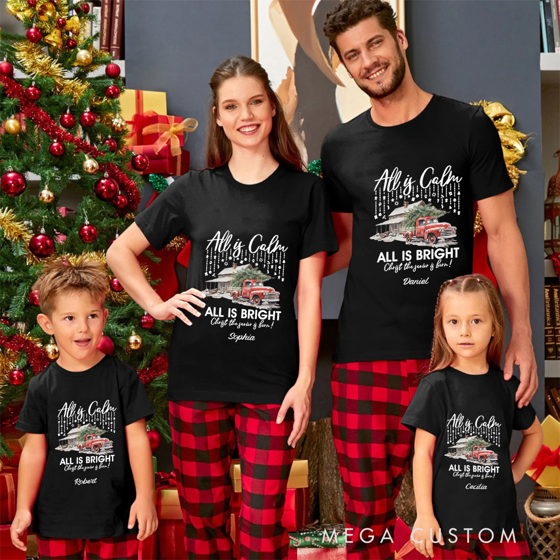 Personalized All is Calm All is Bright Christmas Family Matching Crew Neck T-Shirts with Name Religious Gift for Family