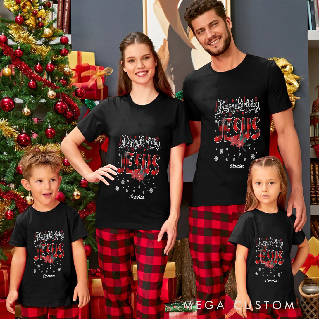 Personalized Happy Birthday Jesus Buffalo Plaid Christmas Family Matching Crew Neck T-Shirts with Name Religious Gift for Family