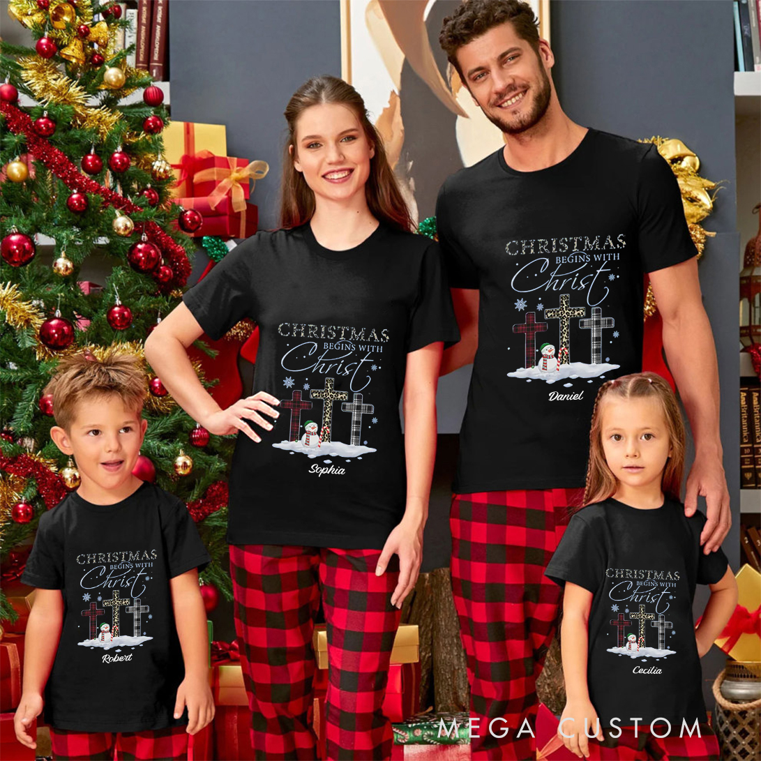 Personalized Crosses Snowman Christmas Family Matching Crew Neck T-Shirts with Name Religious Gift for Family