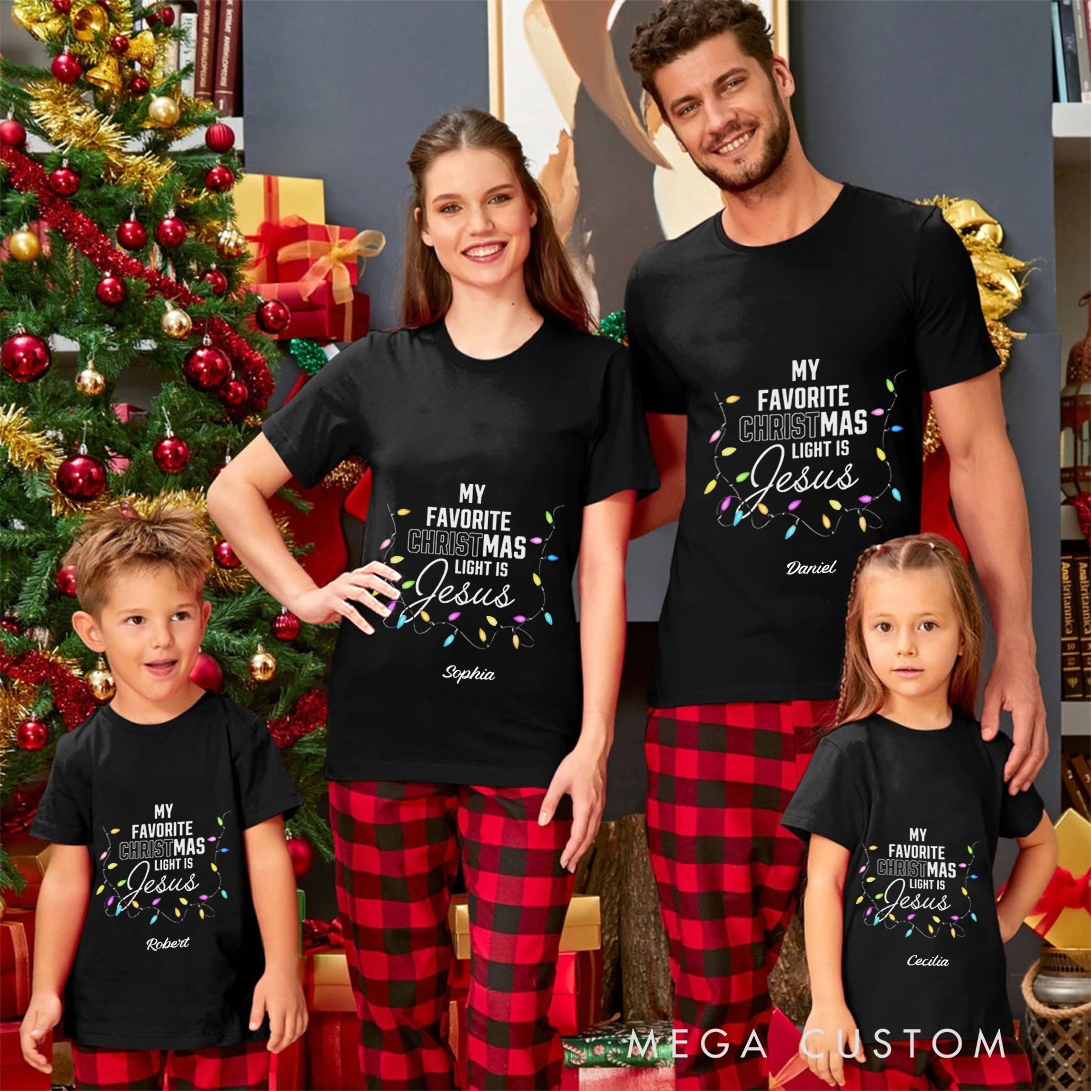Personalized My Favorite Christmas Light is Jesus Christmas Family Matching Crew Neck T-Shirts with Name Religious Gift for Family