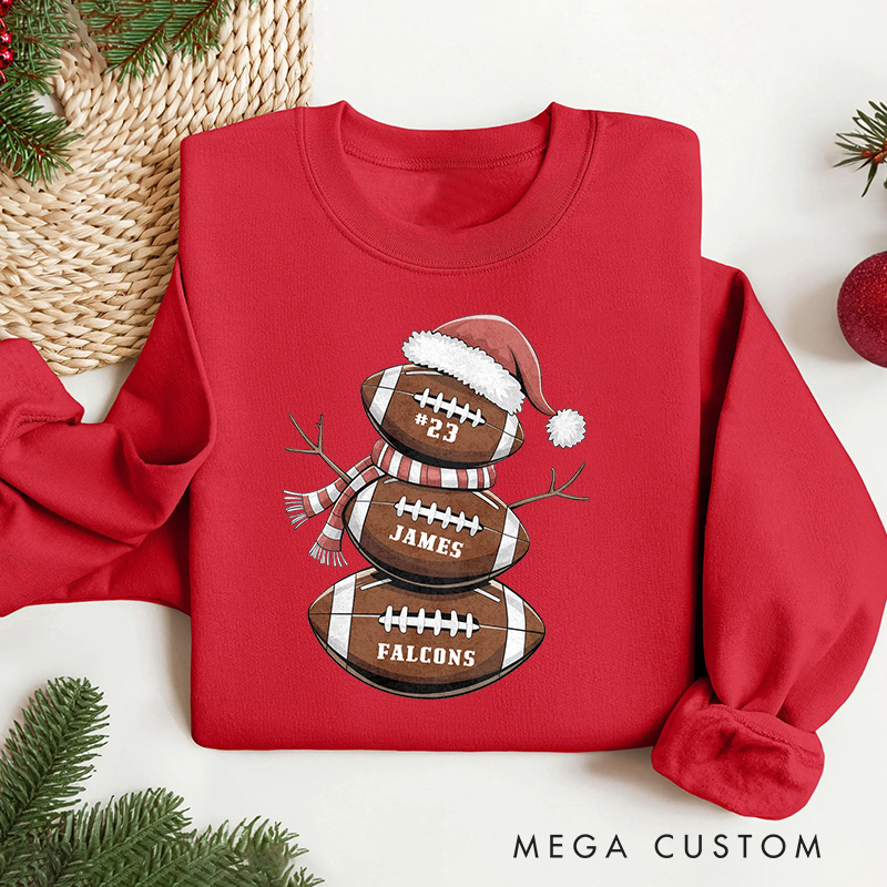 Personalized American Football Snowman Sweatshirt with Custom Name and Number for Cozy Up with Holiday Cheer