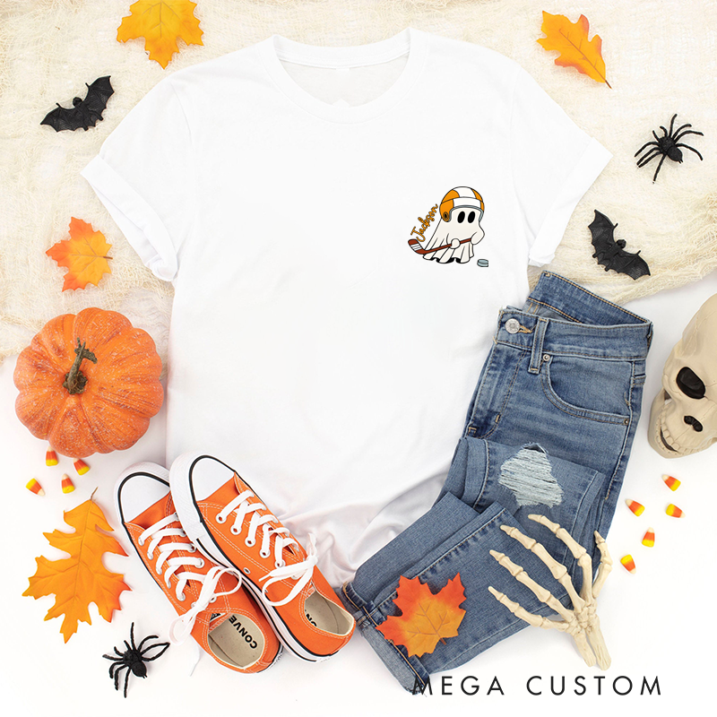 Personalized Halloween T-Shirt with Ghost, Fall Leaves, and Custom Name Design