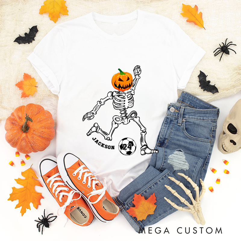 Personalized Halloween T-Shirt with Skeleton, Pumpkin Head, Soccer Ball, Custom Name, and Number Design