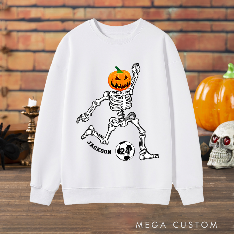 Personalized Halloween Sweatshirt with Skeleton, Pumpkin Head, Soccer Ball, Custom Name, and Number Design