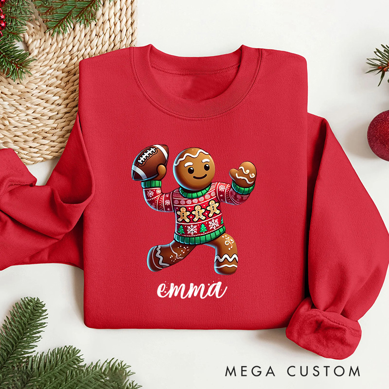 Personalized American Football Gingerbread Design Christmas Sweatshirt with Custom Name