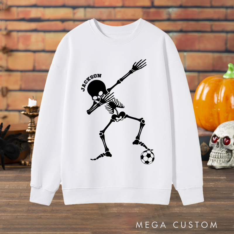 Personalized Halloween Sweatshirt with Dabbing Skeleton, Soccer Ball, and Custom Name Design