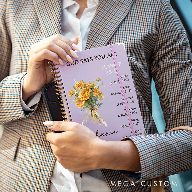 Personalized Flower Bouquet Bible Verse Planner 25-26 Spiral A5 Notebook with Name Birthday Gift Religious Gift for Christian