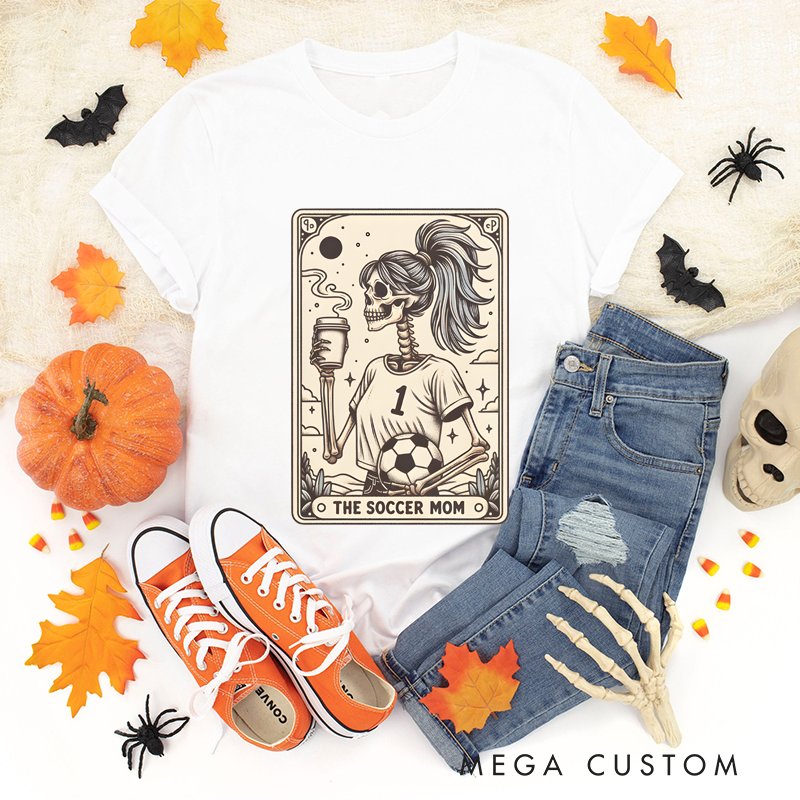 Personalized "The Soccer Mom" Halloween T-Shirt with Skeleton Tarot Card Design and Custom Number