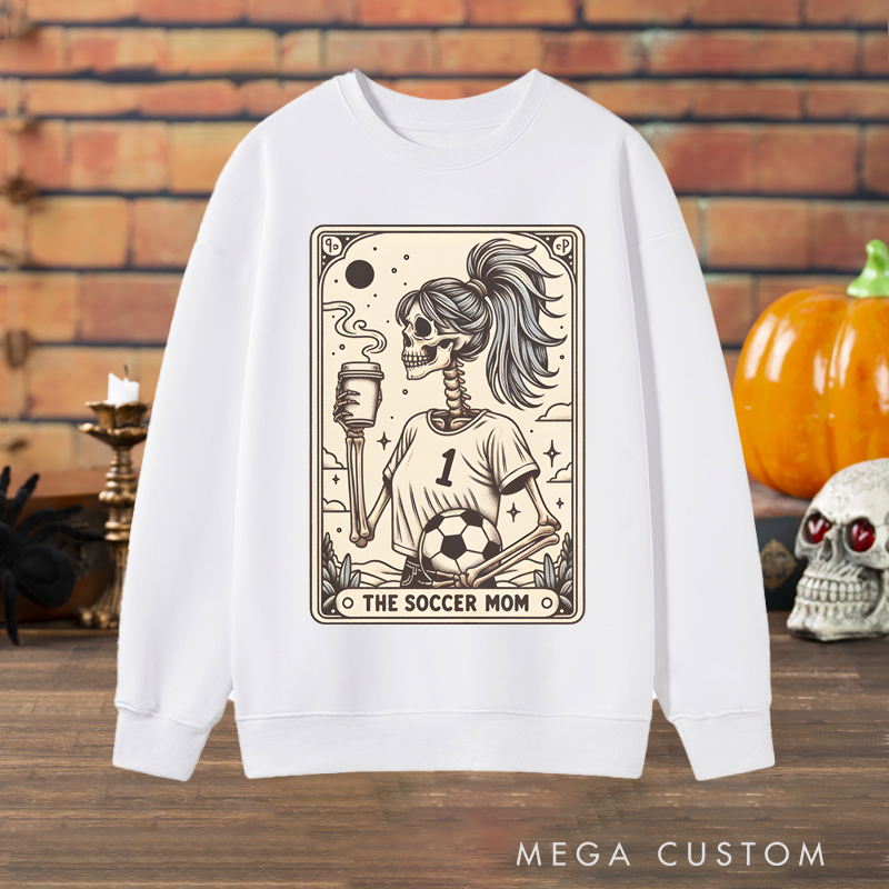 Personalized "The Soccer Mom" Halloween Sweatshirt with Skeleton Tarot Card Design and Custom Number