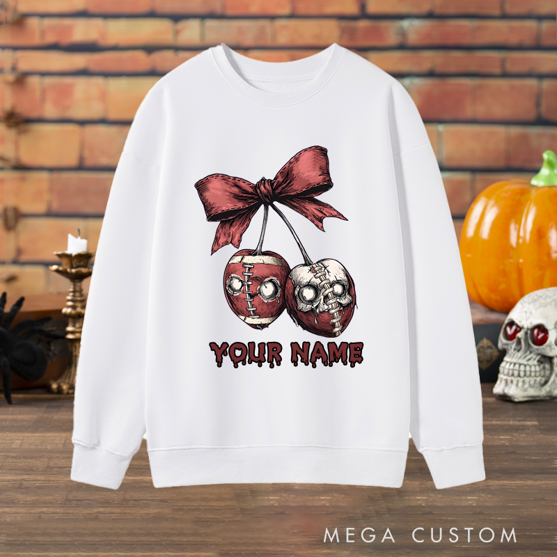 Personalized Zombie Cherry Design American Football Sweatshirt with Custom Your Name for a Creepy Cute Look