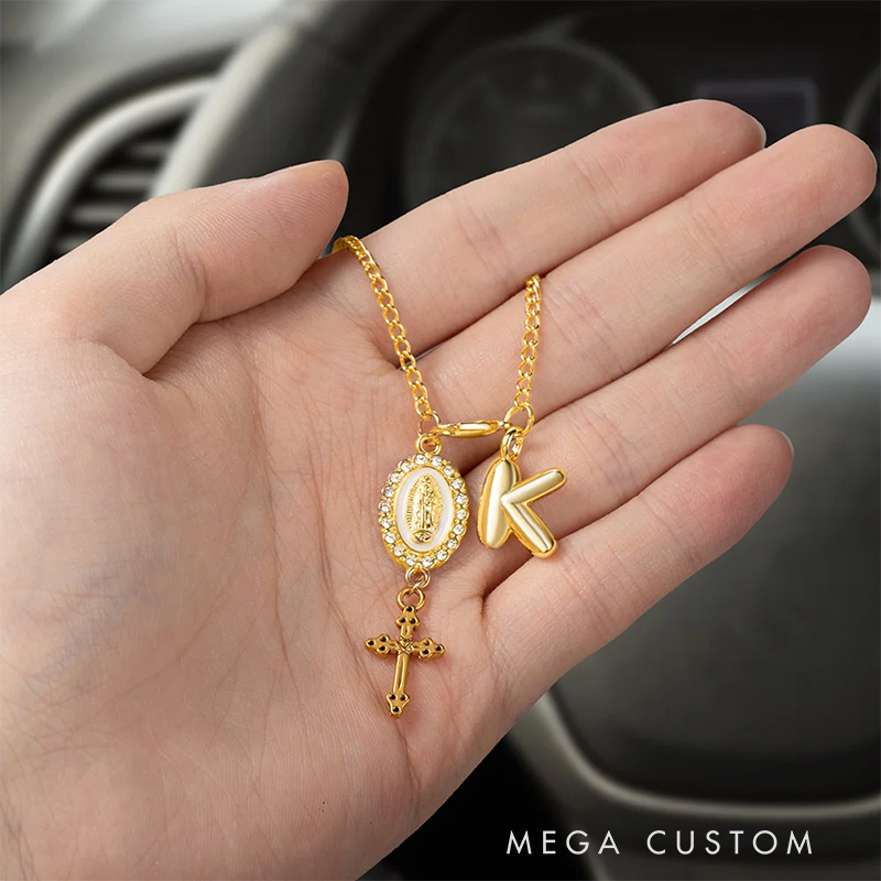 Personalized Zircon Virgin Mary and Cross Steering Wheel Rosary Charm with Bubble Initial Car Decor Prayer Safety Birthday Gift for Drivers Christians