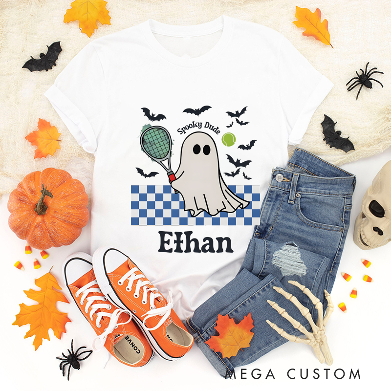 Personalized "Spooky Dude" Halloween T-Shirt with Ghost Tennis Design and Custom Name