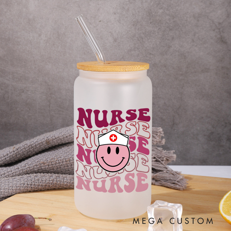 Personalized Frosted Glass Cup Custom Nurse Smiley Face Design Frosted Can Glass Nurse Appreciation Gift
