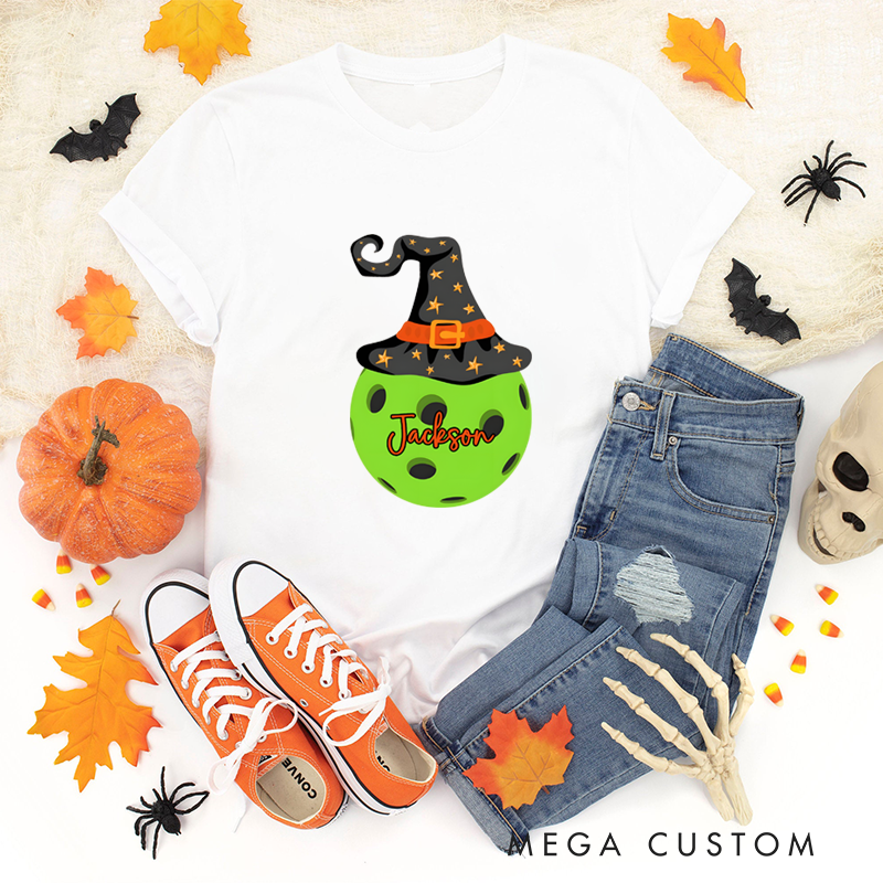 Personalized Halloween Pickleball T-Shirt with Witch Hat and Custom Name on Spooky Ball Design