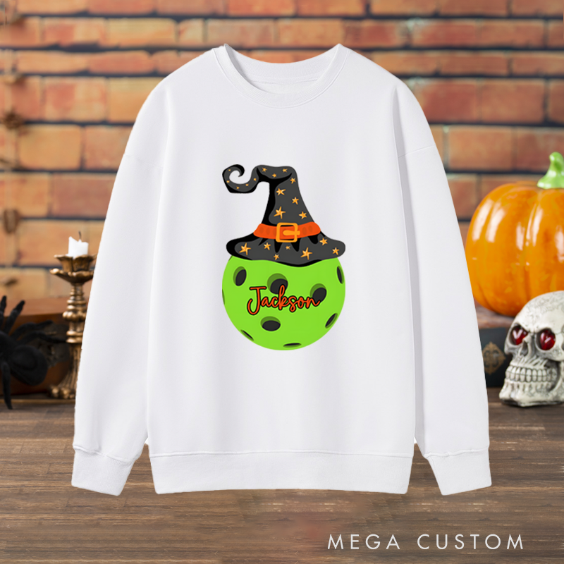 Personalized Halloween Pickleball Sweatshirt with Witch Hat and Custom Name Design