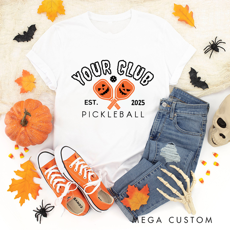 Personalized Halloween Pickleball Club T-Shirt with Custom Club Name and Year Design
