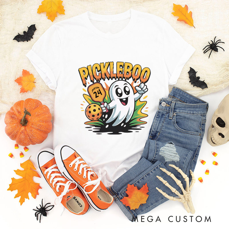 Personalized "Pickleboo" Halloween Pickleball T-Shirt with Customizable Name, Number, and Cute Ghost Design