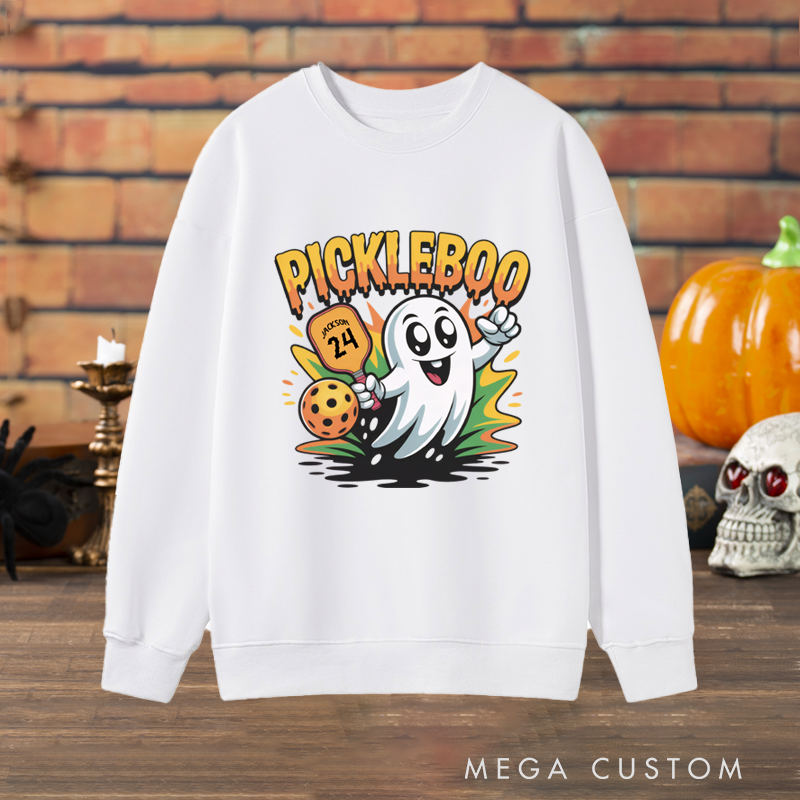 Personalized "Pickleboo" Halloween Pickleball Sweatshirt with Custom Name and Number Design