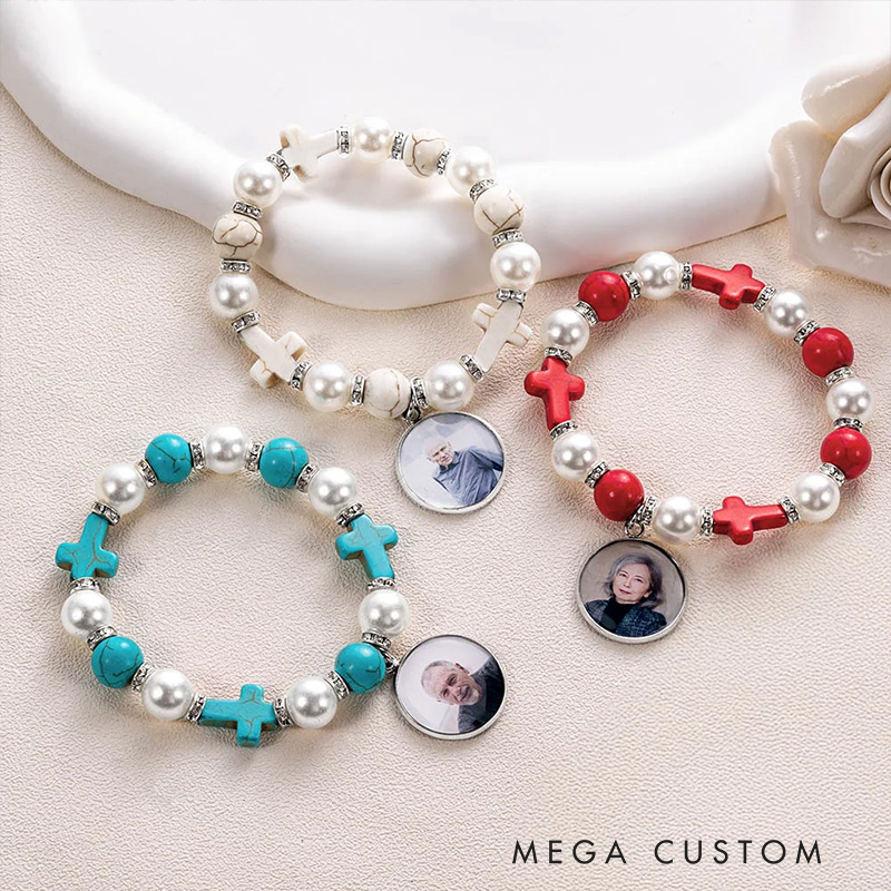 Personalized Cross Elastic Cord Commemorative Bracelet with Photo Religious Christmas Gift for Christian