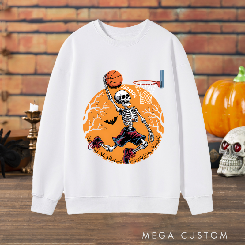 Personalized Halloween Basketball Sweatshirt with Skeleton Dunking Design and Custom Name