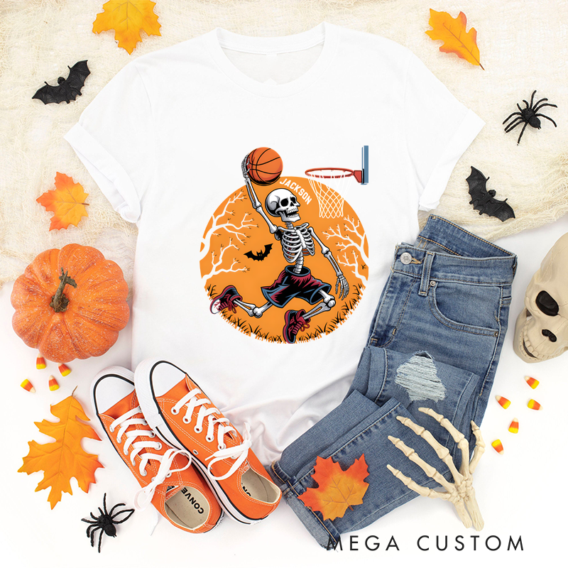 Personalized Halloween Basketball T-Shirt with Skeleton Dunking Design and Custom Name