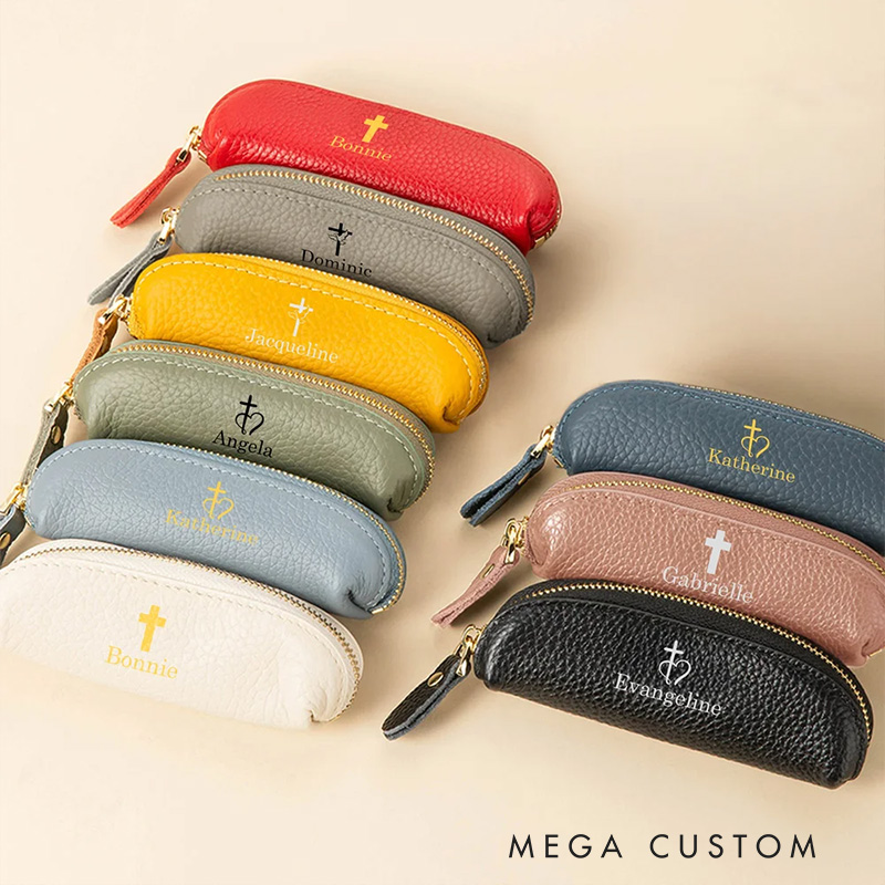 Personalized Cross Multicolor Mini PU Leather Coin Purse Rosary Bag with Name Birthday Religious Baptism Gift for Christians Catholic
