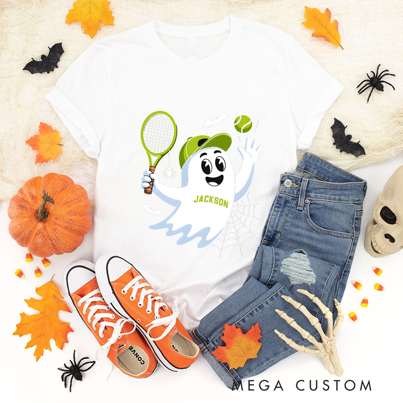Personalized Halloween Tennis T-Shirt with Cute Ghost and Custom Name Design