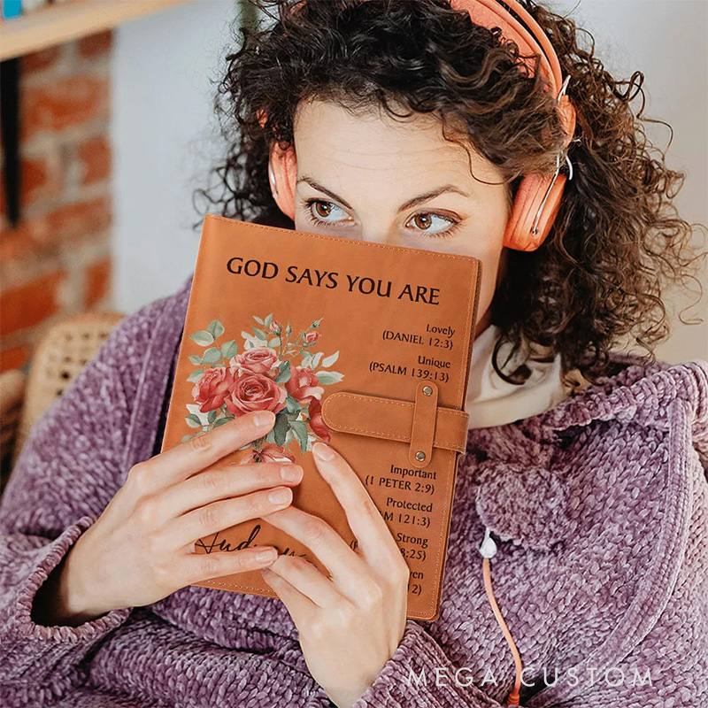 Personalized God Says You Are Bible Birth Flower Portable A5 Leather Notebook Cover with Pocket Birthday Inspirational Gift for Women Students