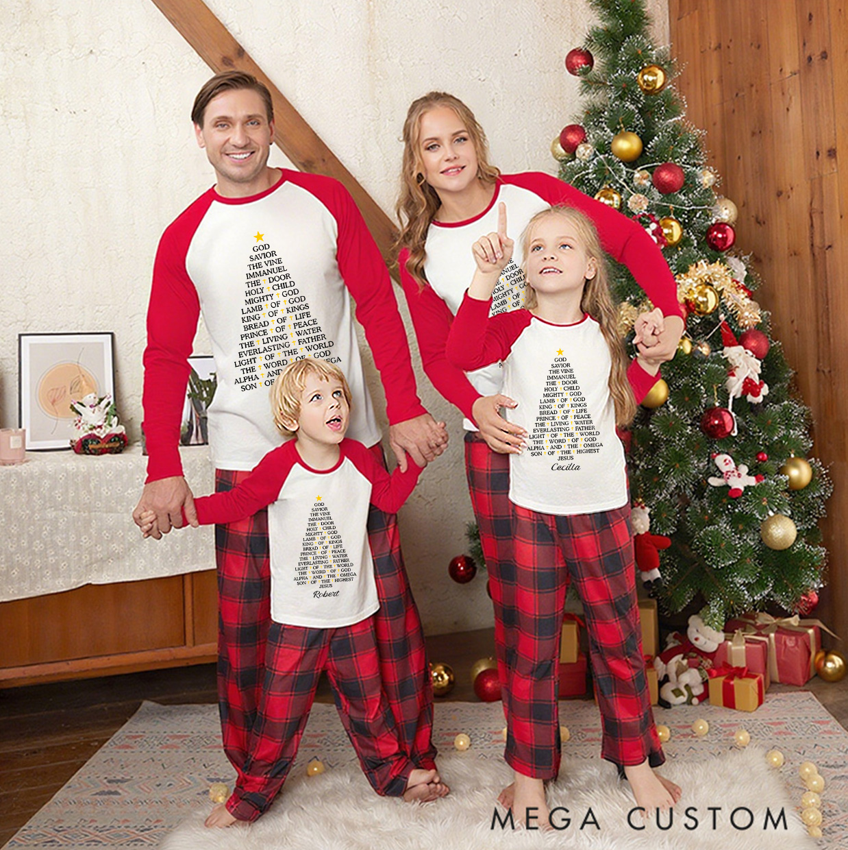 Personalized God & Savior Long Sleeve Family Pajama Matching Set with Name Titles of Jesus Pajama Christmas Gift For Christian Jesus Lover Gift
