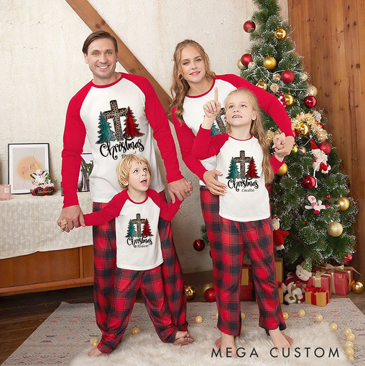 Personalized Merry Christmas Leopard Print Cross Long Sleeve Family Pajama Matching Set with Name Christmas Tree Jesus Pajama Religion Xmas Gift