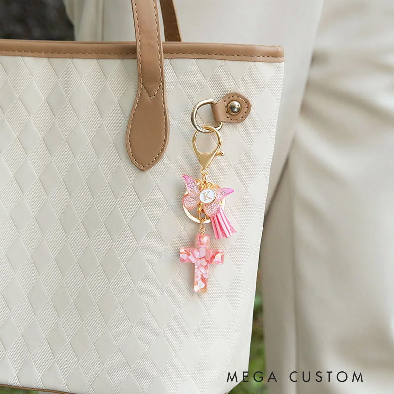 Personalized Gradient Butterfly Cross Charm Keychain with Initial and Tassel Prayer Religious Birthday Gift for Women Christian