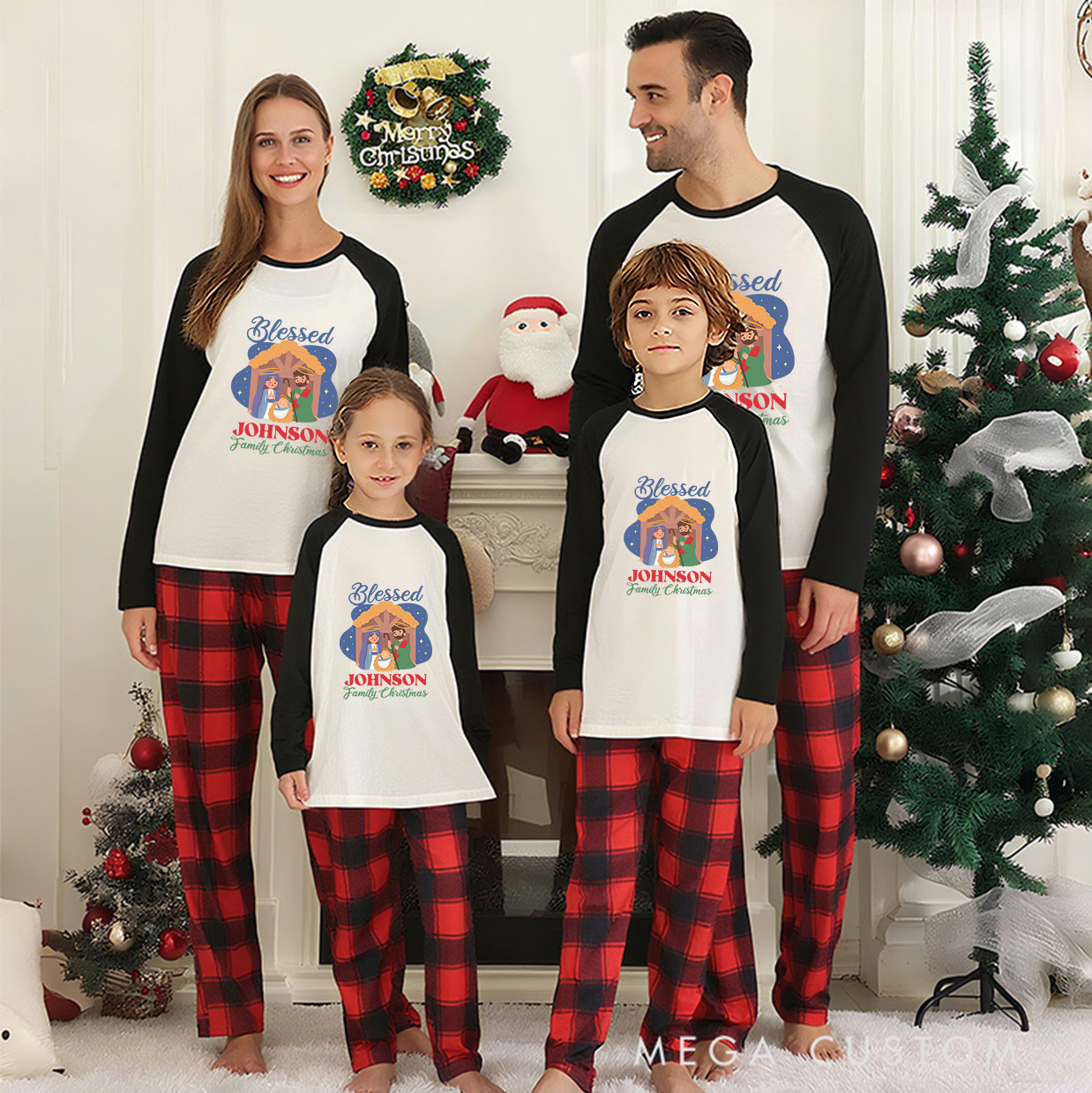 Personalized Blessed Nativity Long Sleeve Family Pajama Matching Set with Name Religious Gift Christmas Gift for Family