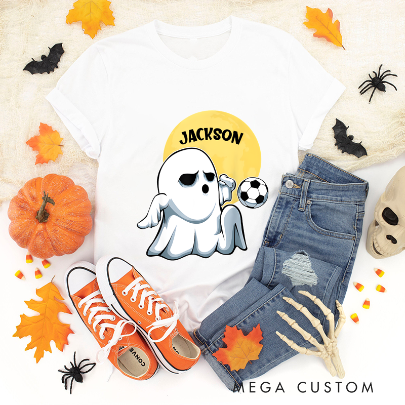 Personalized Halloween Soccer T-Shirt with Cute Ghost and Custom Name Design