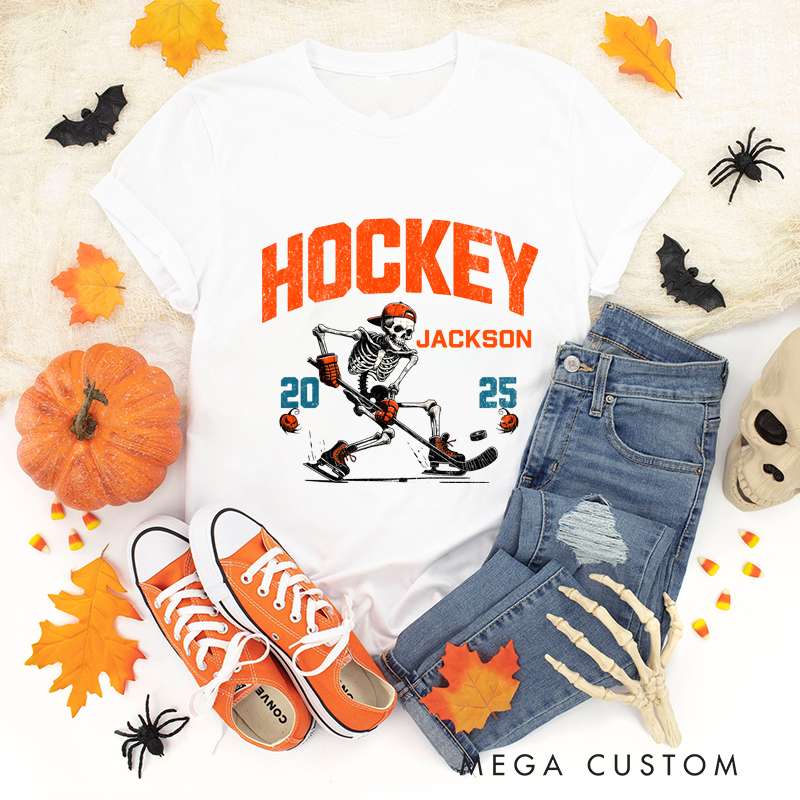 Personalized Halloween Hockey T-Shirt with Skeleton, Custom Name, and Year Design