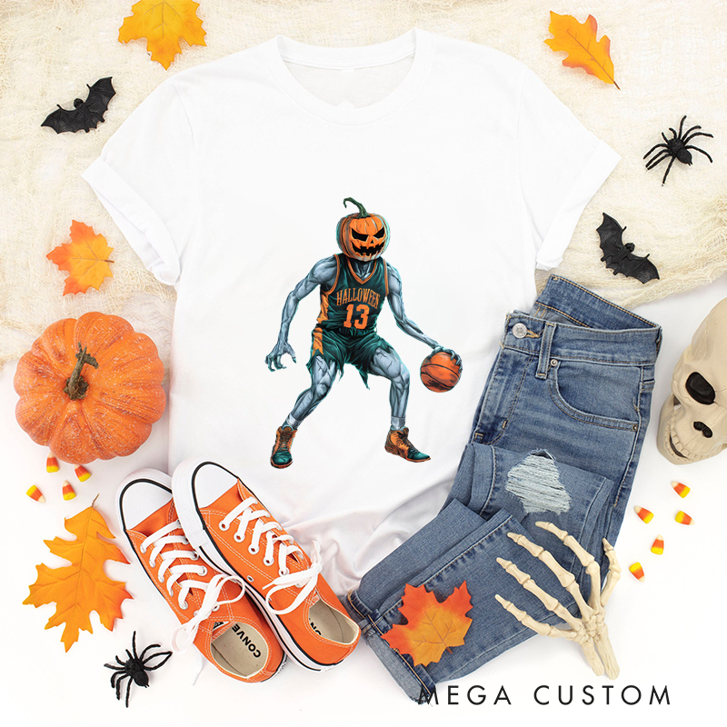 Personalized Halloween Basketball T-Shirt with Pumpkin-Head Player and Customizable Number Design