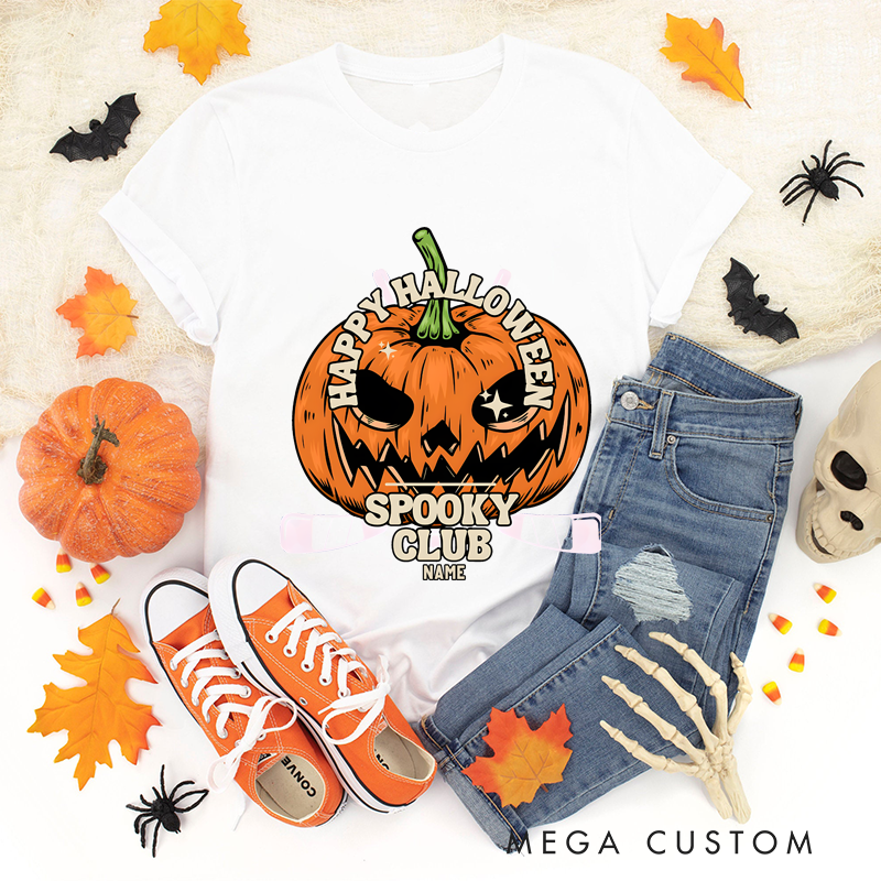 Personalized Halloween Hockey T-Shirt with Pumpkin Face and Custom Club Name Design