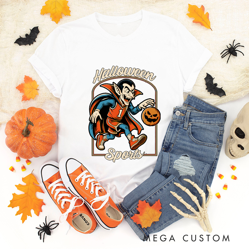 Personalized Halloween Basketball T-Shirt with Vampire, Pumpkin Ball, and Custom Number Design