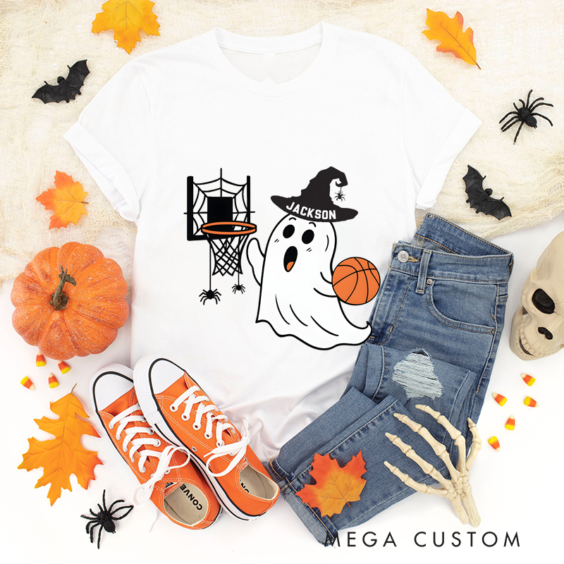 Personalized Halloween Basketball T-Shirt with Ghost, Hoop, and Custom Name Design