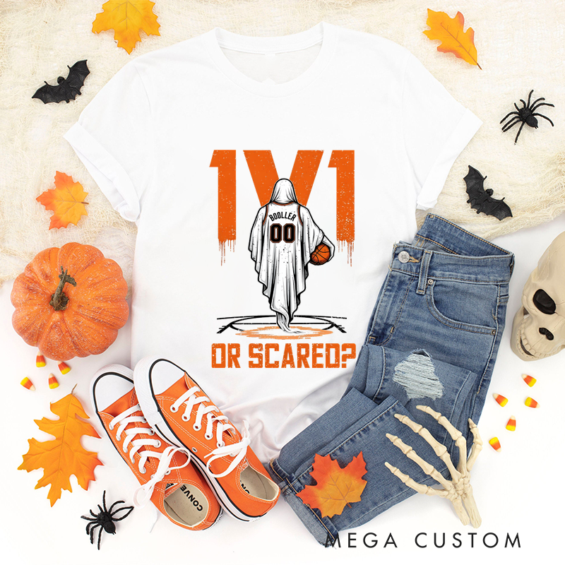 Personalized Halloween Basketball T-Shirt with Ghost Player, Custom Name, and Number Design