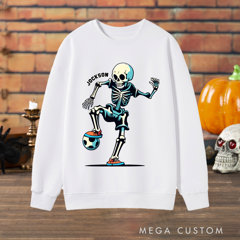 Personalized Halloween Soccer Sweatshirt with Skeleton Player and Custom Name Design