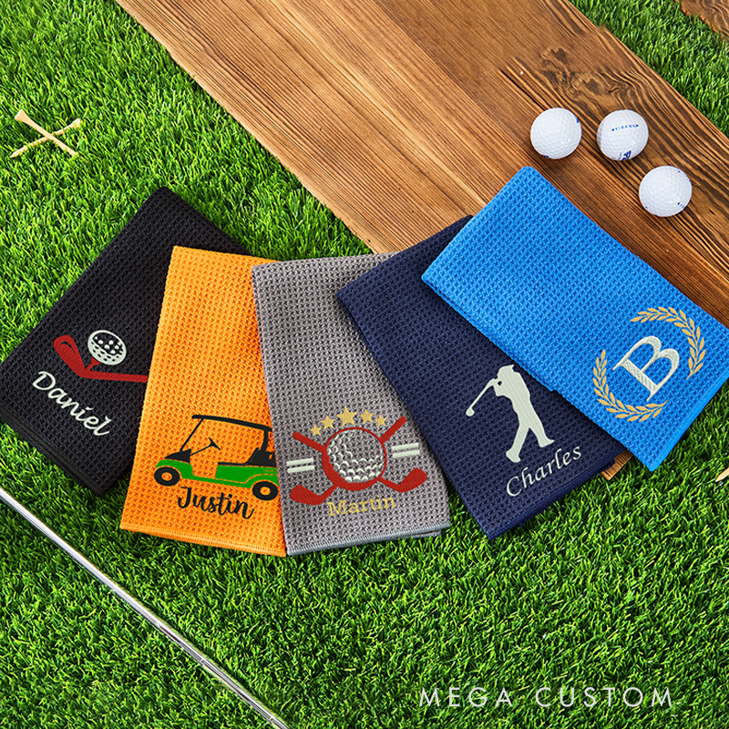 Personalized Golf Towel with Embroidered Name and Icon Design 
