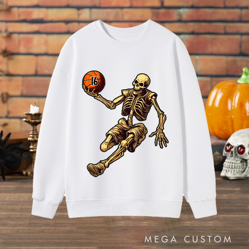 Personalized Halloween Basketball Sweatshirt with Skeleton Player and Custom Number Design