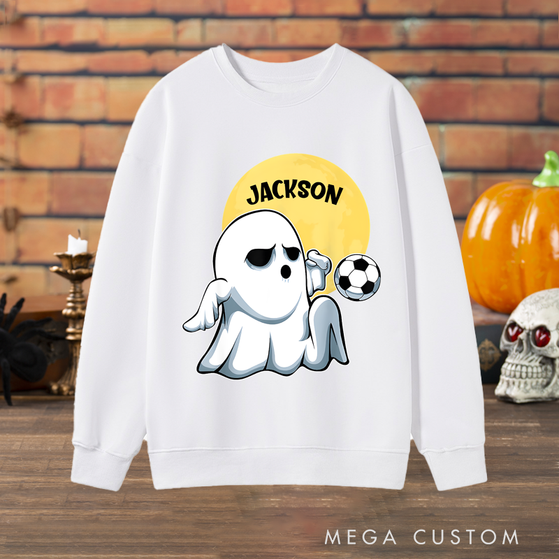 Personalized Halloween Soccer Sweatshirt with Ghost Player and Custom Name Design