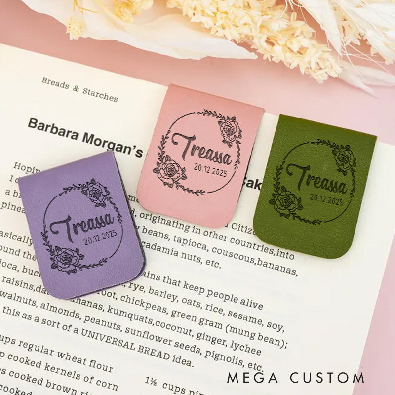 Personalized Floral Magnetic Bookmark Engraved Leather Bookmark Clip with Name Book Lover Gift Bookish Gift Reader Gift Librarian Gift