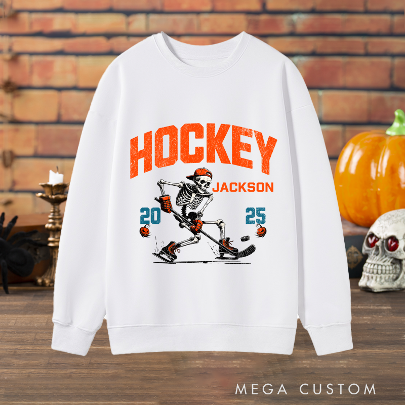 Personalized Halloween Hockey Sweatshirt with Skeleton Player, Custom Name, and Year Design