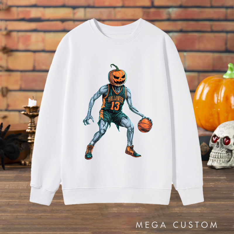 Personalized Halloween Basketball Sweatshirt with Pumpkin Head Player and Custom Number Design