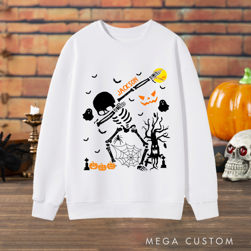 Personalized Halloween Lacrosse Sweatshirt with Skeleton Player, Custom Name, and Number Design