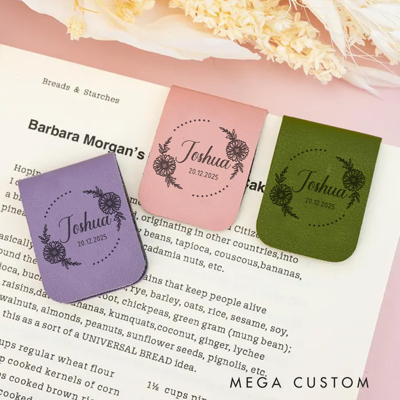 Personalized Flower Wreath Magnetic Bookmark Clip Engraved Leather Bookmark with Name Book Lover Bookmark Librarian Gift Reading Lover Gift Bookish Gift 
