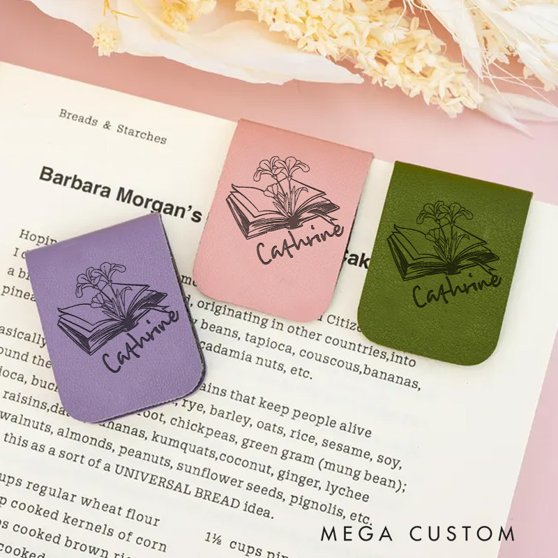 Personalized Floral Magnetic Bookmark Clip Engraved Leather Bookmark with Name Library Bookmark Bookish Bookmark Librarian Gift Reading Gift Book Lover Gift 